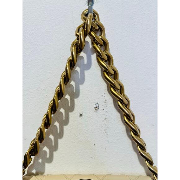 TORY BURCH Neutral White Leather Gold Chain Link Handle Shoulder Strap Bag Purse - Picture 8 of 14